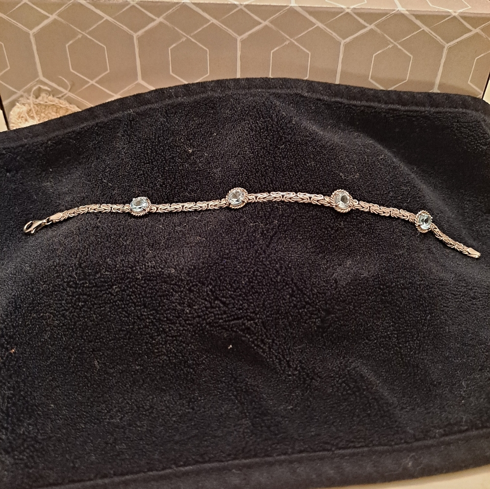 4CTW round blue topaz sterling  silver bracelet byzantine 8 inch